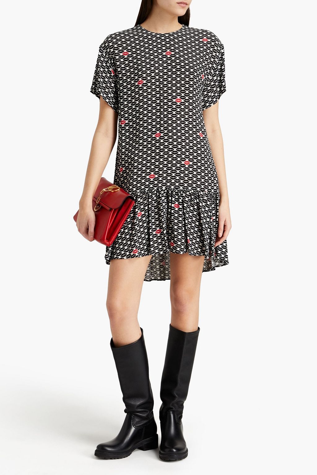 REDVALENTINO ギャザー入り プリントクレープ ミニワンピース