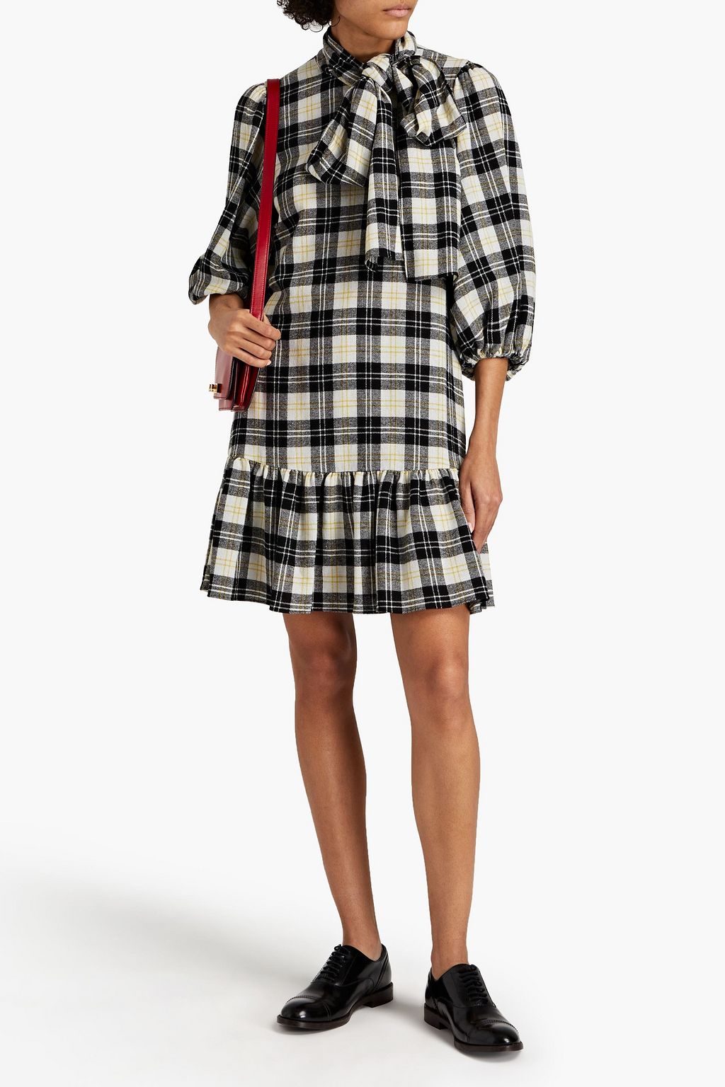 REDVALENTINO Pussy-bow gathered checked jacquard mini dress