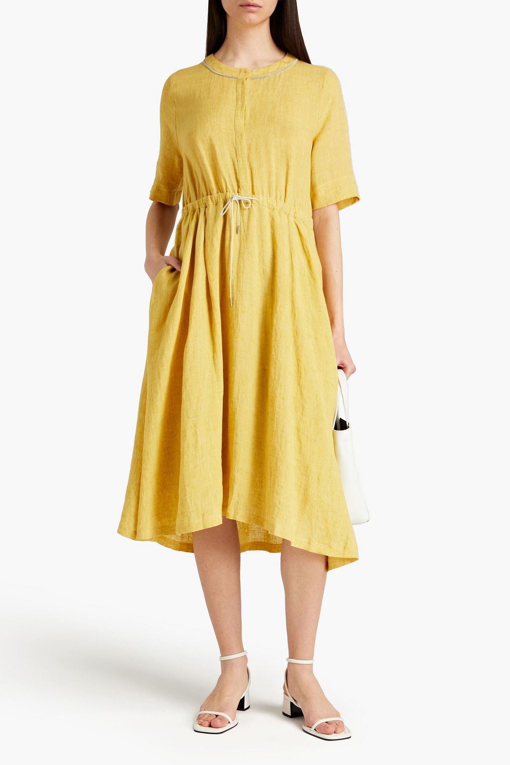 FABIANA FILIPPI Embellished gathered mélange linen midi dress