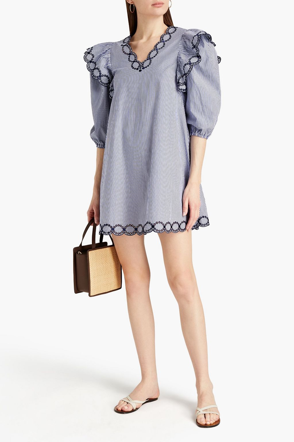 CLAUDIE PIERLOT Richesse broderie anglaise-trimmed striped cotton-poplin mini dress