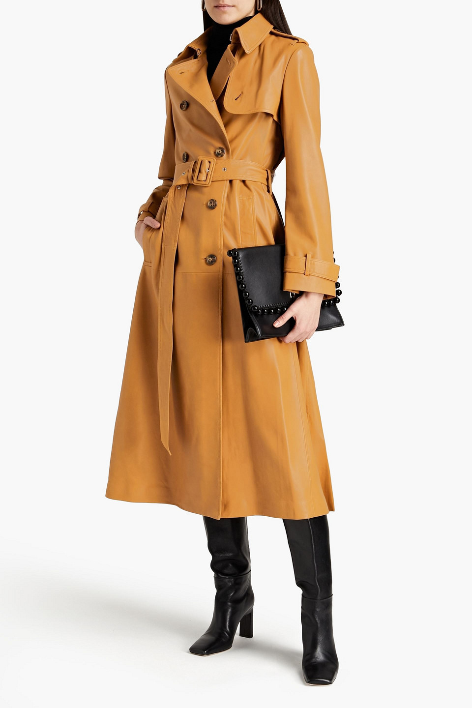 Red Valentino Pleated Leather Trench Coat In Camel