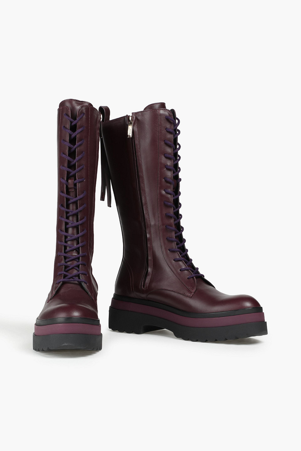 Redv Leather Platform Combat Boots In Burgundy