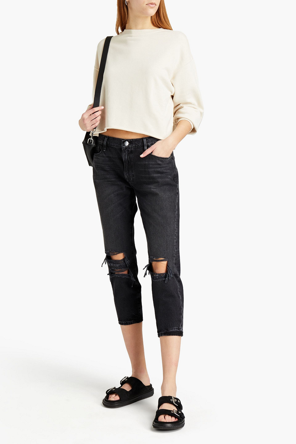 Frame Destructed Boxy Cropped Organic French Pima Cotton-terry Sweatshirt In Ecru