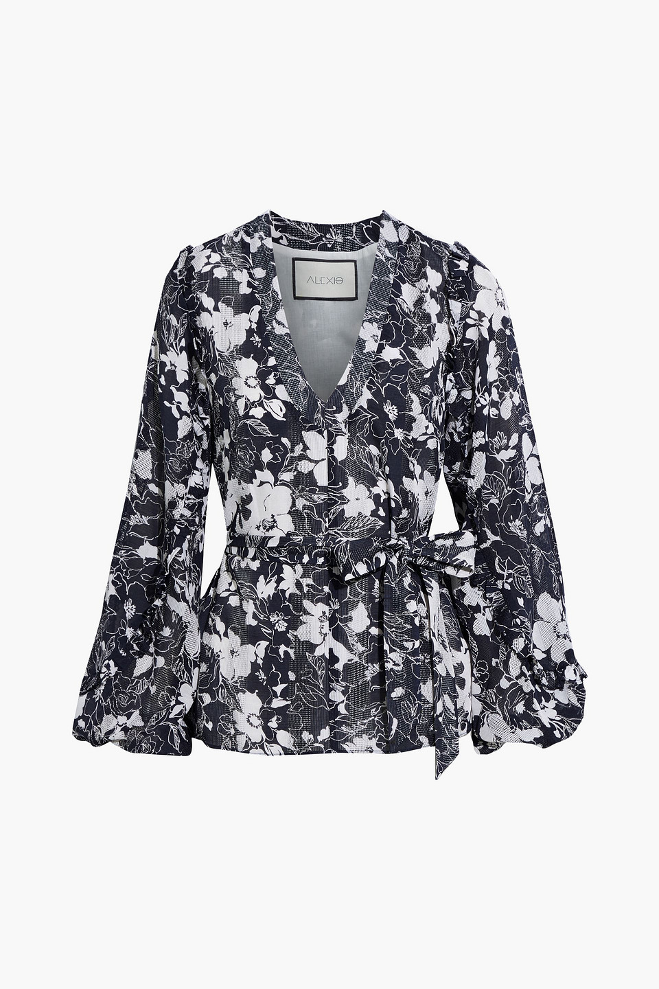 alexis - idir belted floral-print crochet-paneled woven top - blue - s