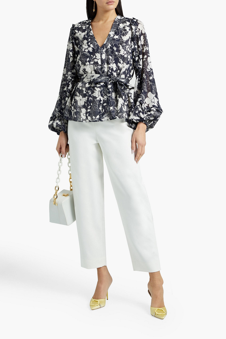 Alexis Idir Belted Floral-print Crochet-paneled Woven Top In Navy