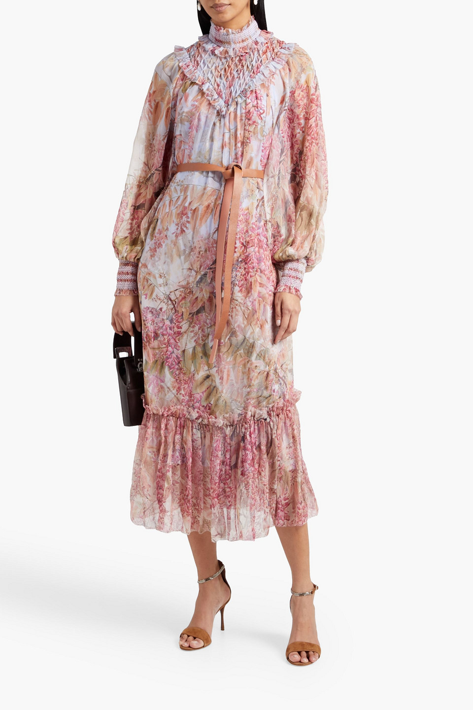 Zimmermann Belted Smocked Floral-print Silk-georgette Midi Dress In Lilac