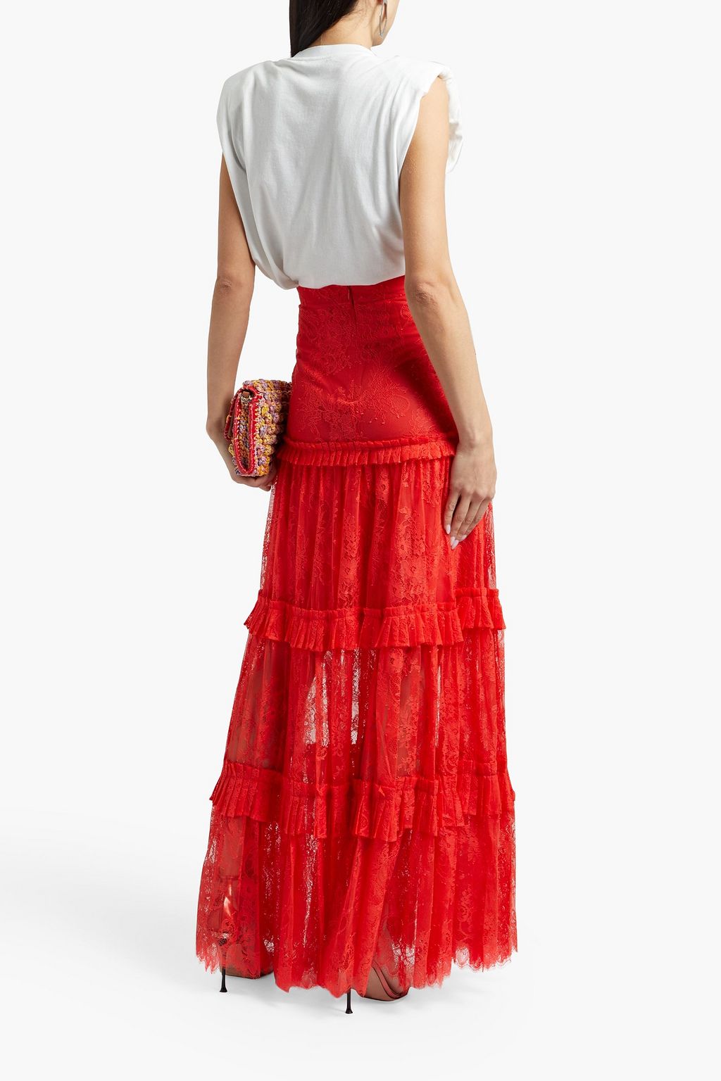 ALEXIS Tiered pleated Chantilly lace maxi skirt