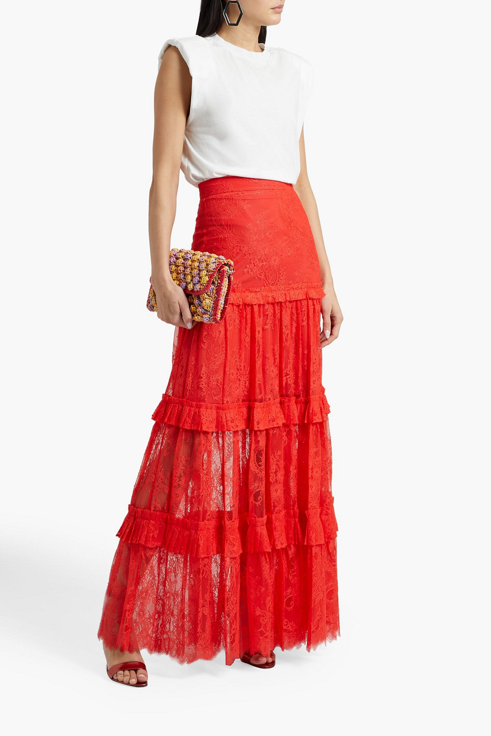 Alexis Tiered Pleated Chantilly Lace Maxi Skirt In Coral