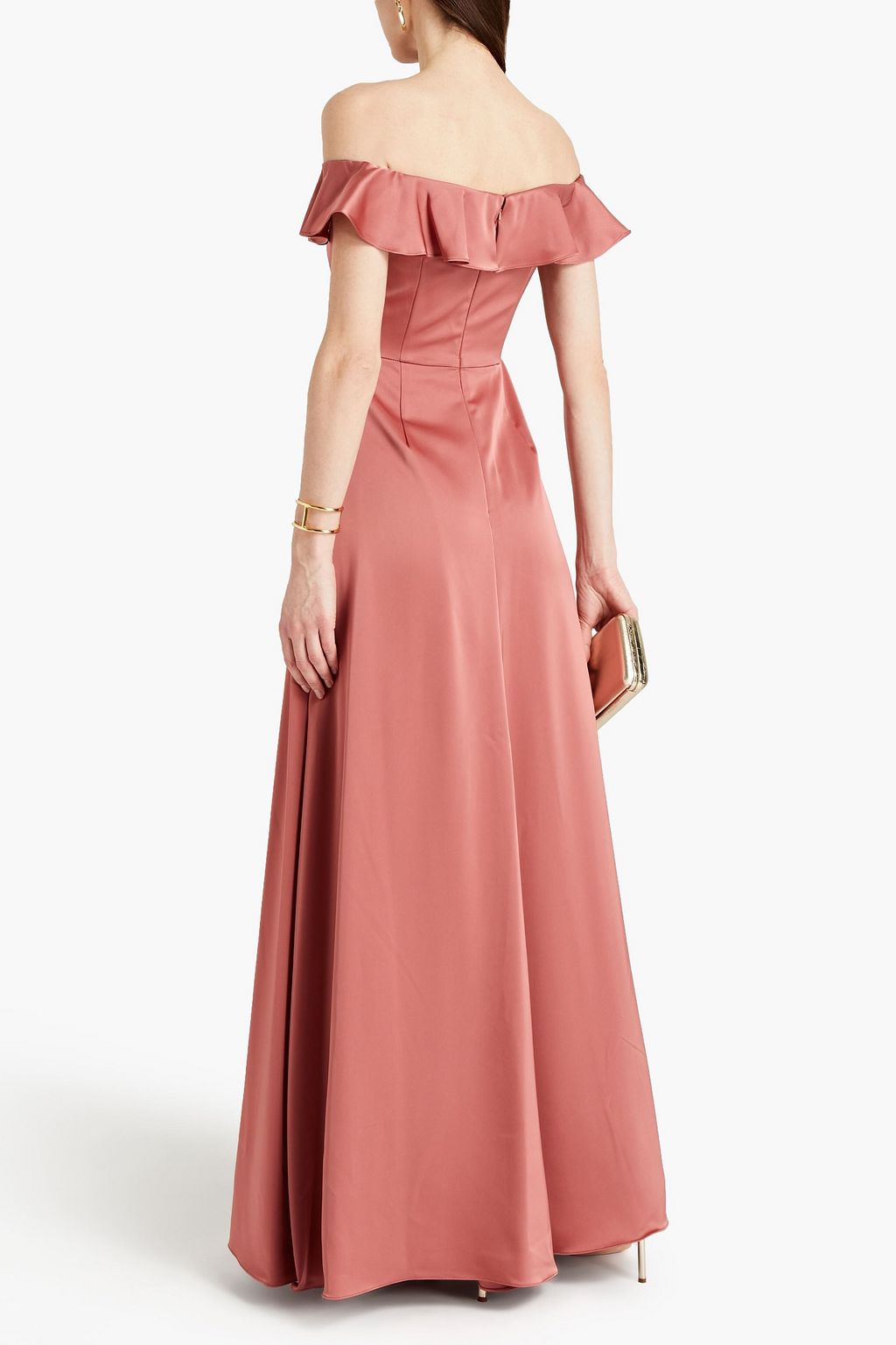 ML MONIQUE LHUILLIER Off-the-shoulder pleated ruffled satin gown