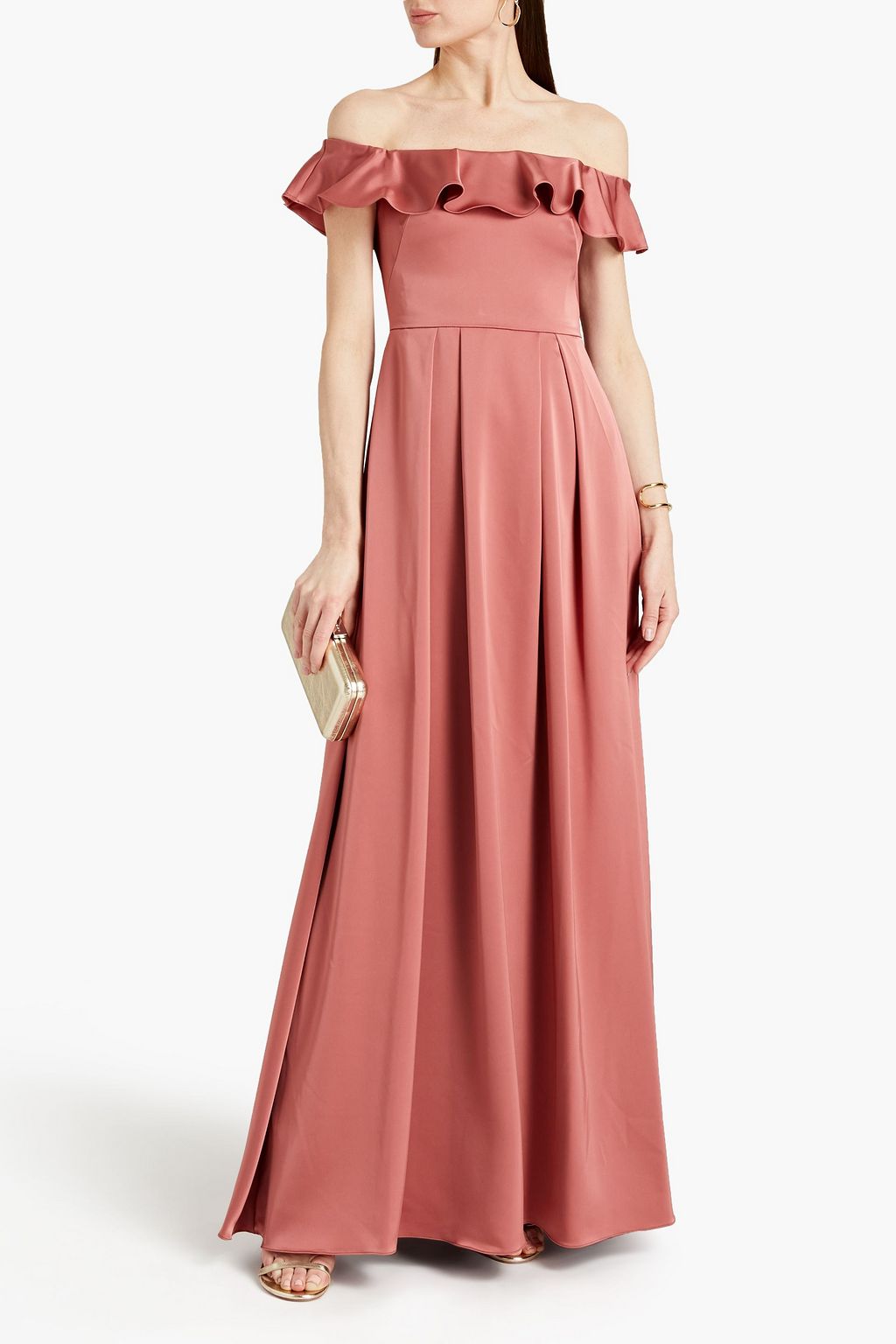ML MONIQUE LHUILLIER Off-the-shoulder pleated ruffled satin gown