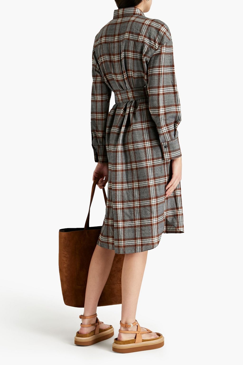 BRUNELLO CUCINELLI Tie-front checked wool-flannel shirt dress