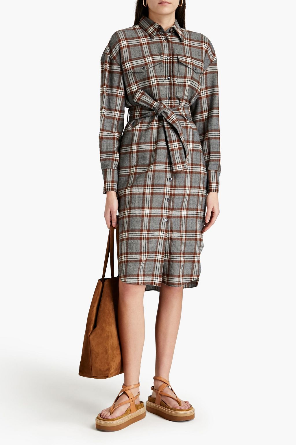 BRUNELLO CUCINELLI Tie-front checked wool-flannel shirt dress