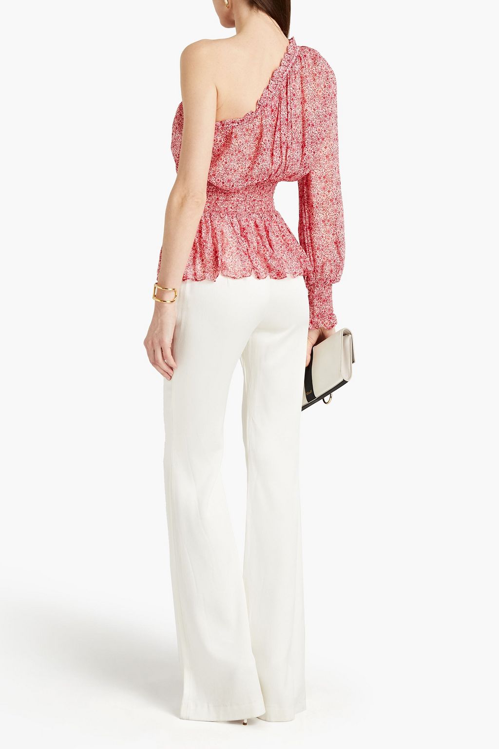 ML MONIQUE LHUILLIER One-shoulder shirred floral-print crepe top