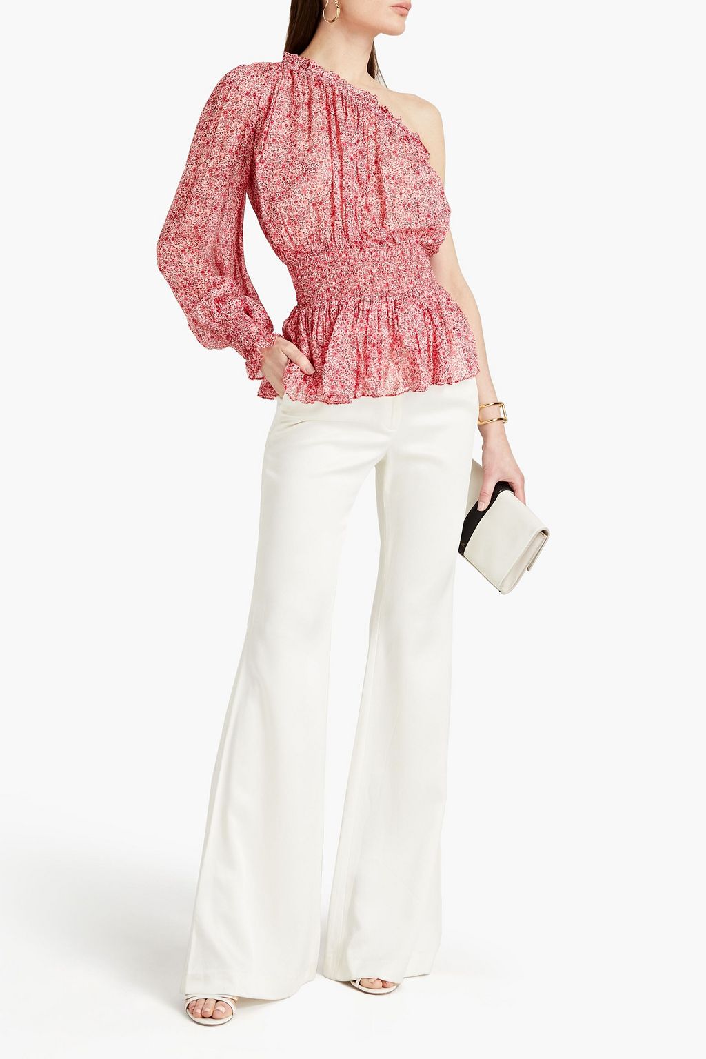 ML MONIQUE LHUILLIER One-shoulder shirred floral-print crepe top