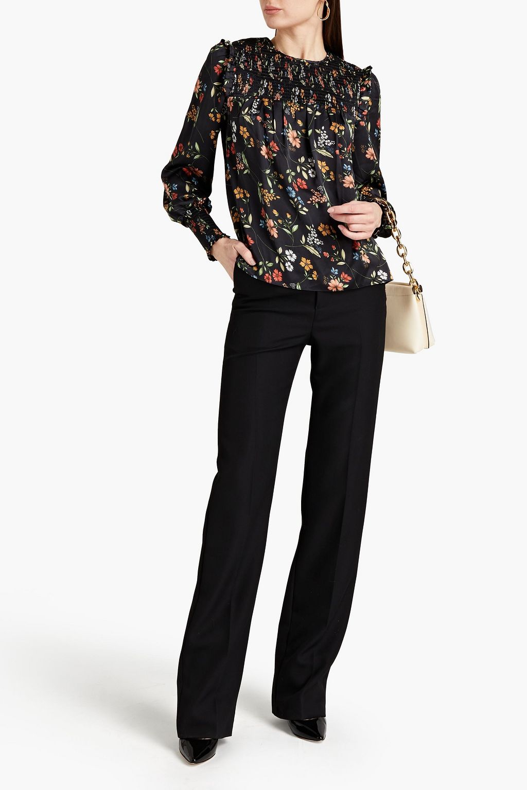 ML MONIQUE LHUILLIER Shirred floral-print satin blouse
