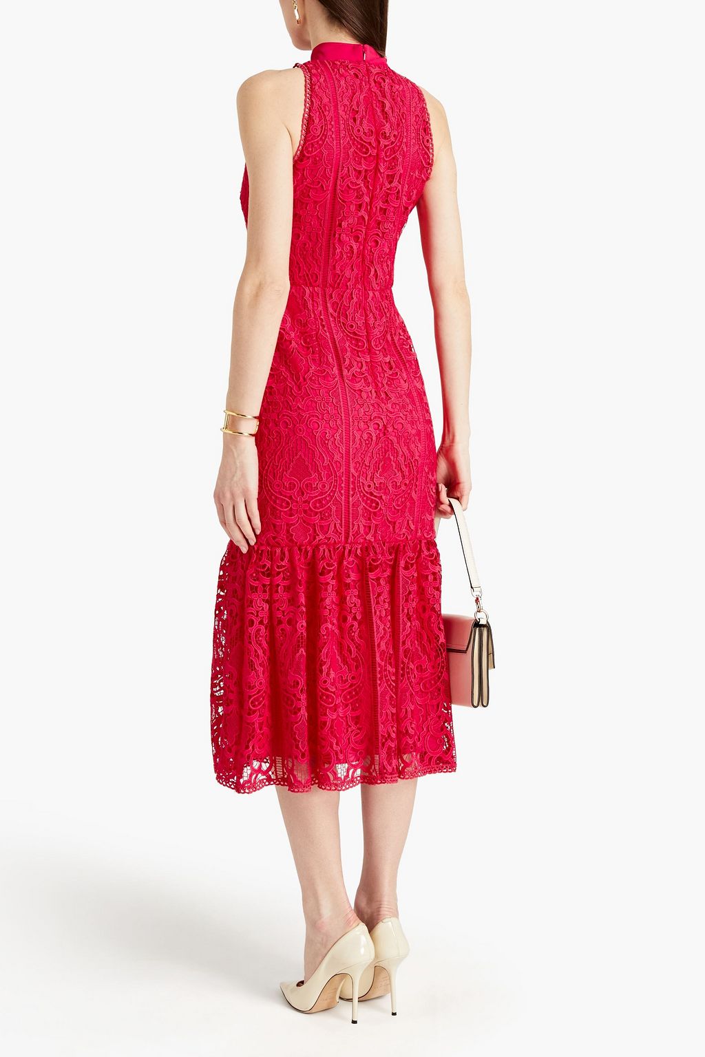 ML MONIQUE LHUILLIER Pussy-bow gathered macramé lace midi dress