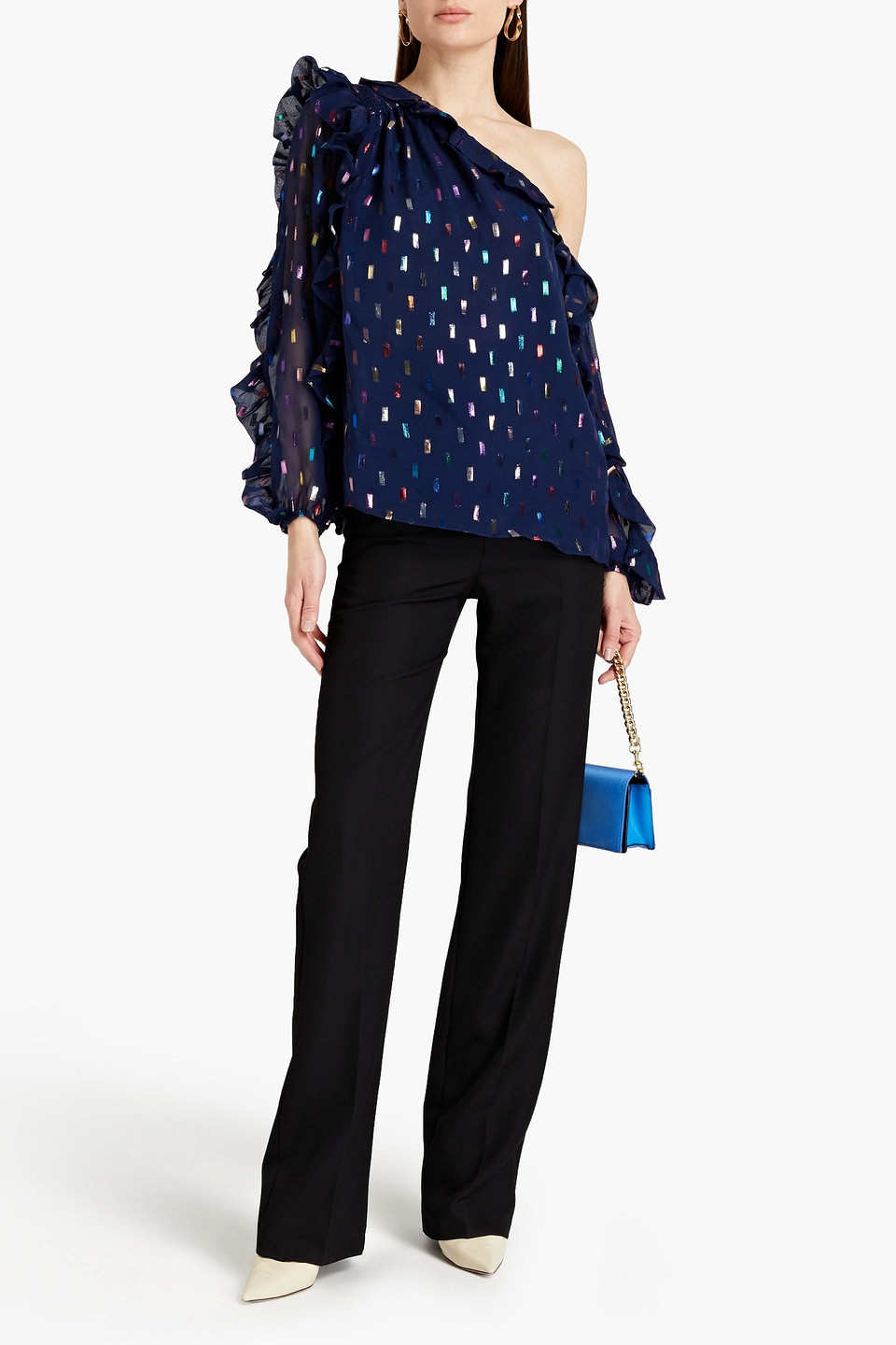 ml Monique Lhuillier Ruffled Metallic Fil Coupé Top In Blue