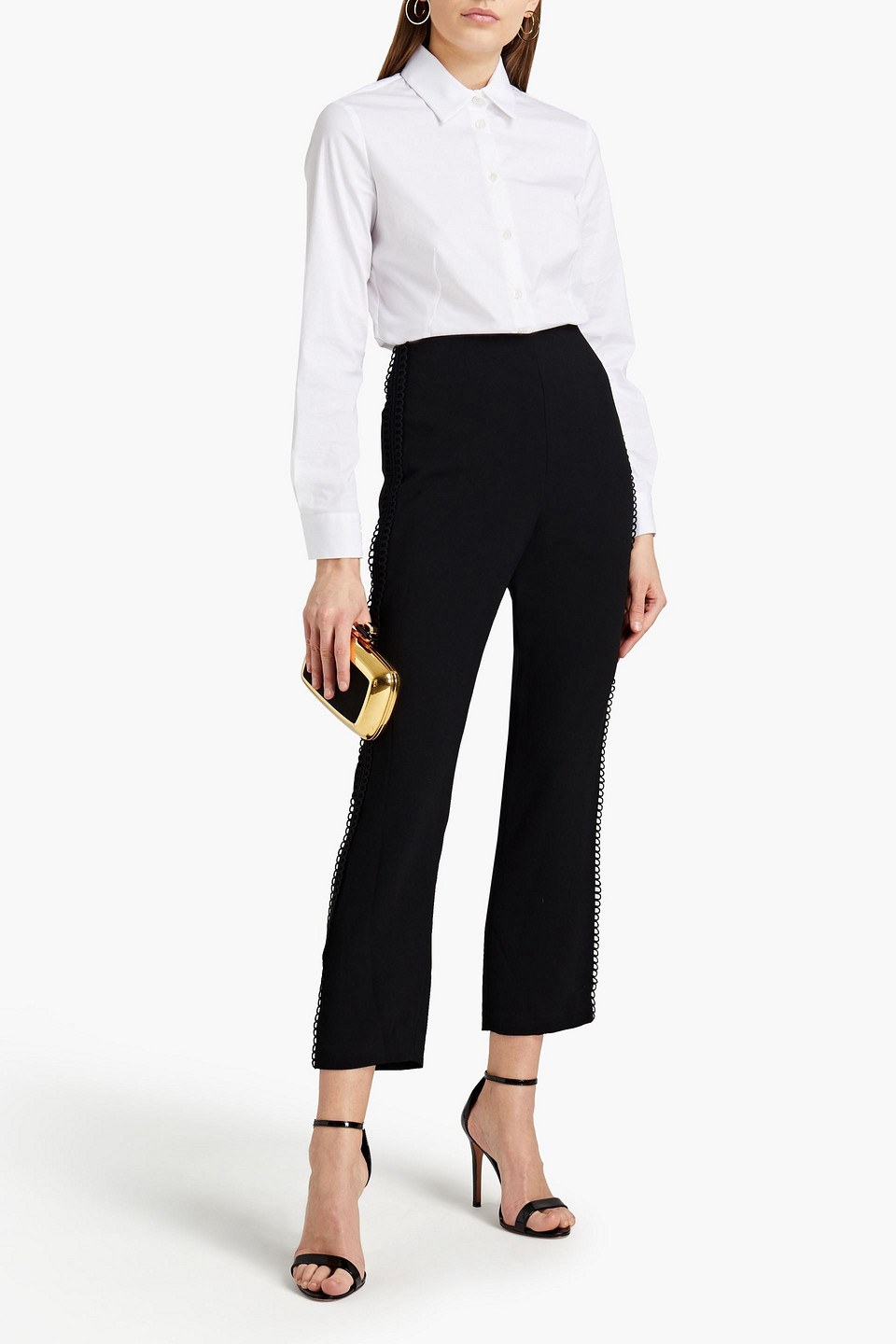 ml Monique Lhuillier Guipure Lace-trimmed Crepe Slim-leg Trousers In Black