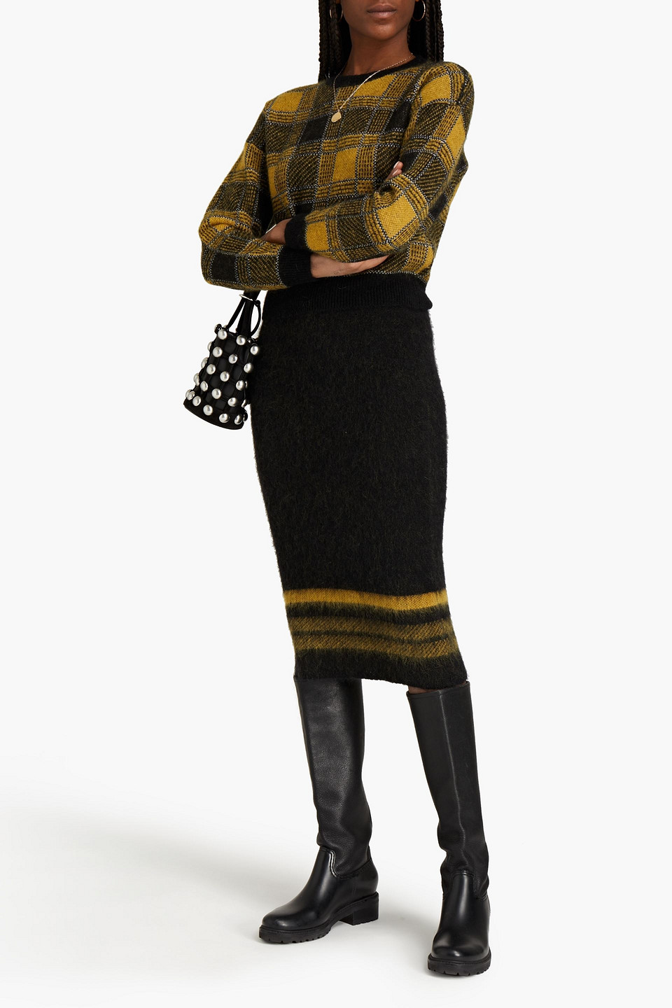 Red Valentino Two-tone Knitted Pencil Skirt In Black