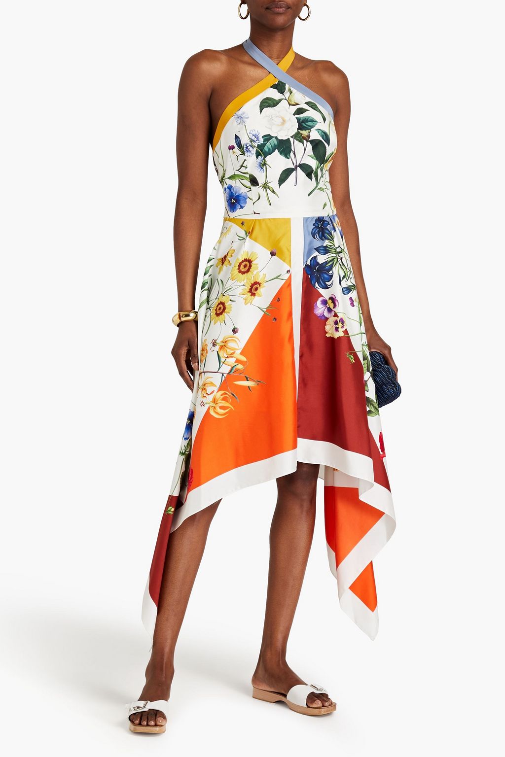 OSCAR DE LA RENTA シルクツイル ホルターネックワンピース フローラルプリント