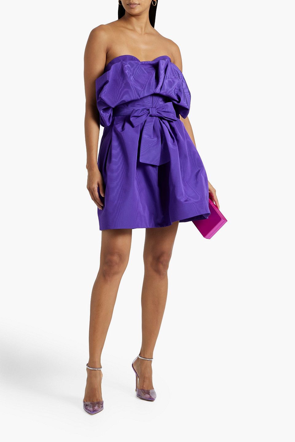 Shop Oscar De La Renta Strapless Ruffled Cotton-blend Moire Mini Dress In Purple