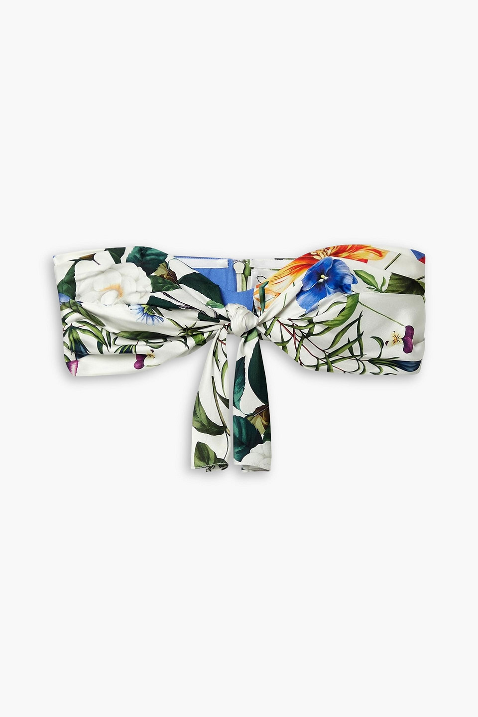 Oscar De La Renta Tie-front Floral-print Silk-satin Twill Bandeau Top In Blue