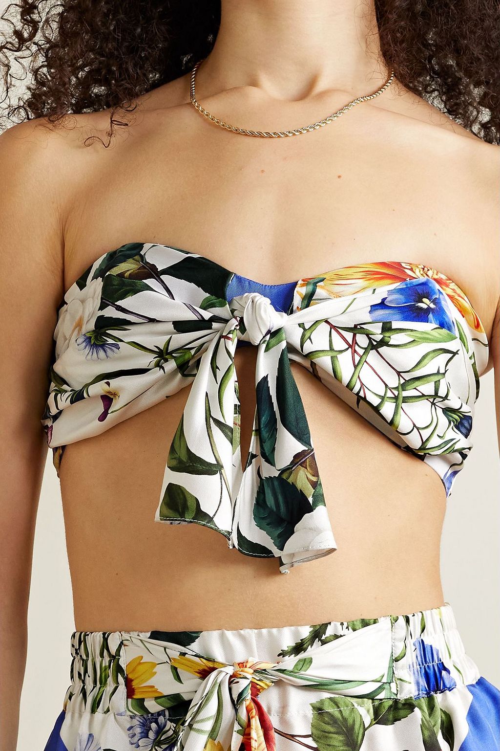 OSCAR DE LA RENTA Tie-front floral-print silk-satin twill bandeau top