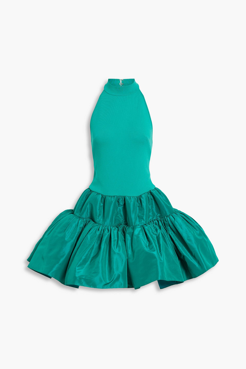 Oscar De La Renta Tiered Stretch-knit And Silk-taffeta Halterneck Mini Dress In Teal