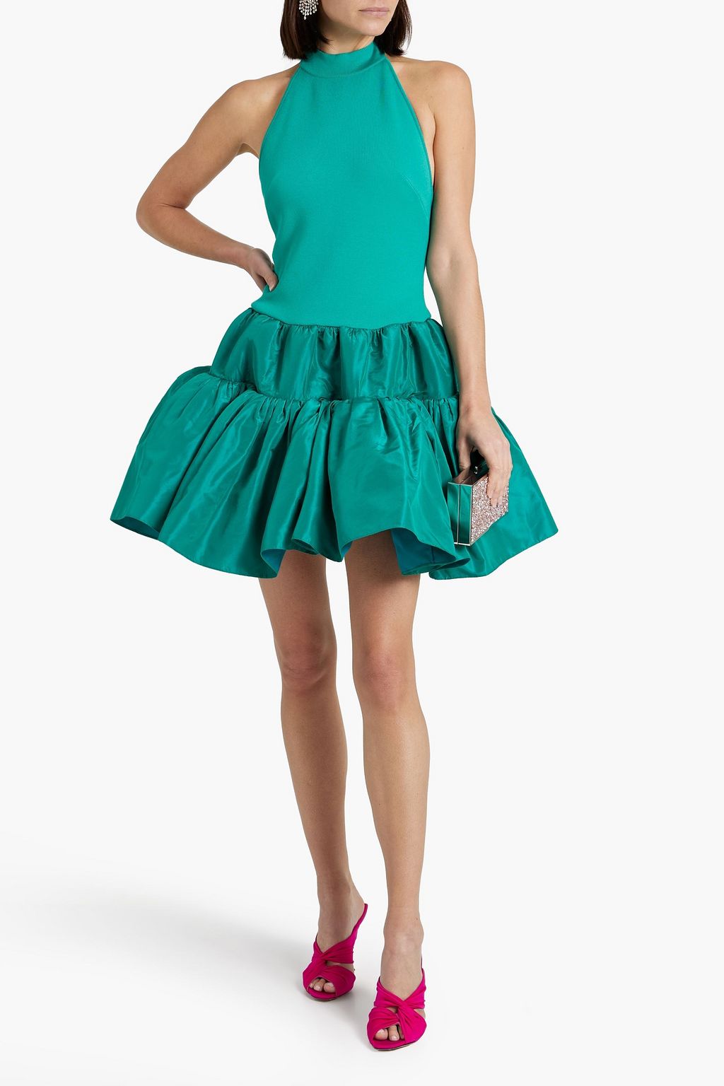 OSCAR DE LA RENTA Knit-paneled taffeta halterneck mini dress