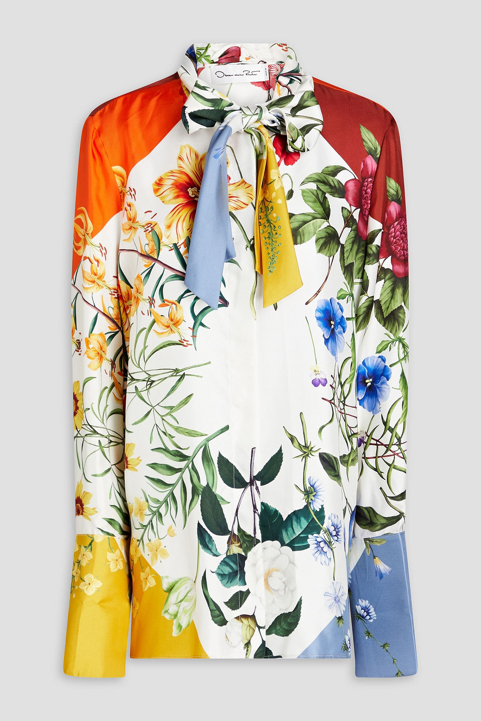 Oscar de la Renta - Pussy-bow floral-print silk-satin shirt - White - US 2