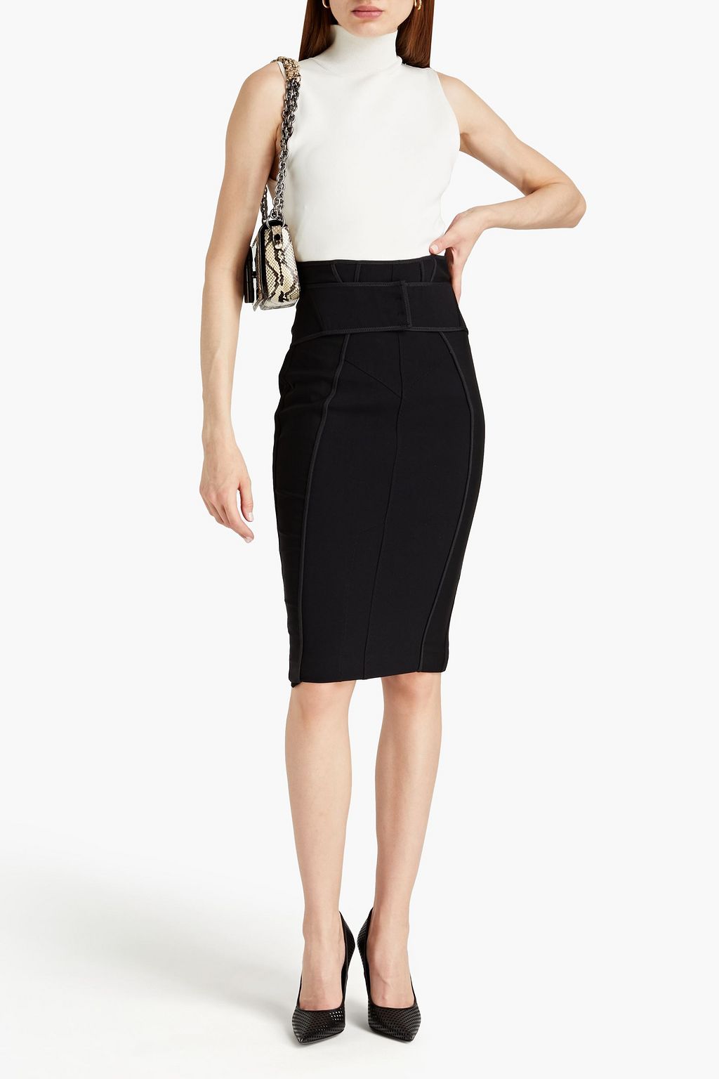 TOM FORD Mesh-paneled leather-trimmed crepe pencil skirt