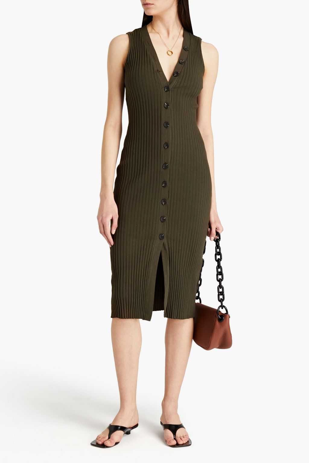 Army green Ribbed cotton-blend midi 