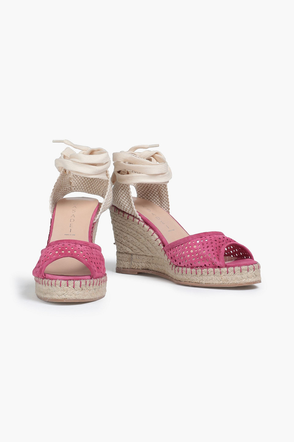 Casadei Perforated Suede Wedge Espadrilles In Pink