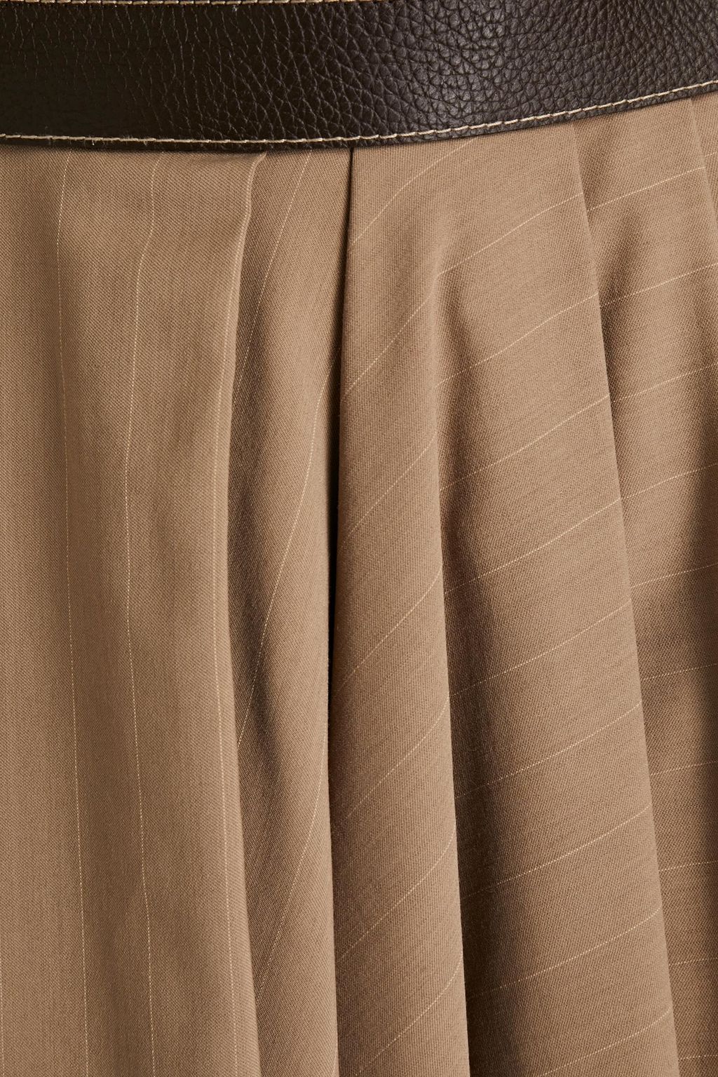 BRUNELLO CUCINELLI Asymmetric leather-trimmed striped twill midi skirt