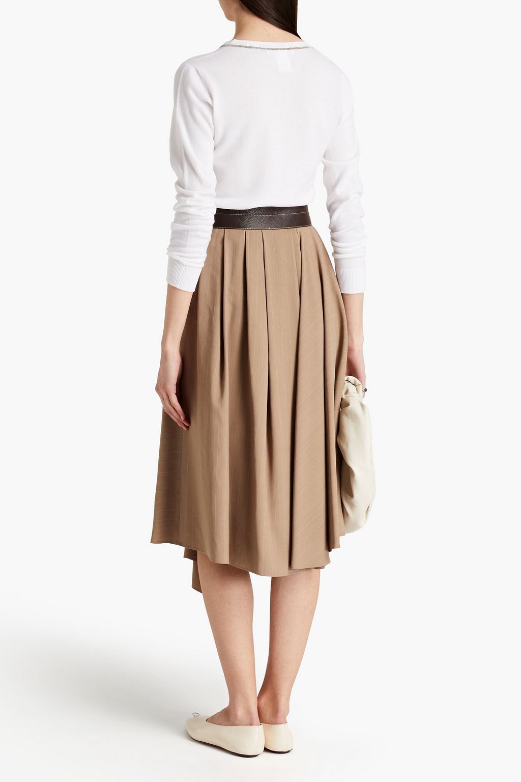 BRUNELLO CUCINELLI Asymmetric leather-trimmed striped twill midi skirt