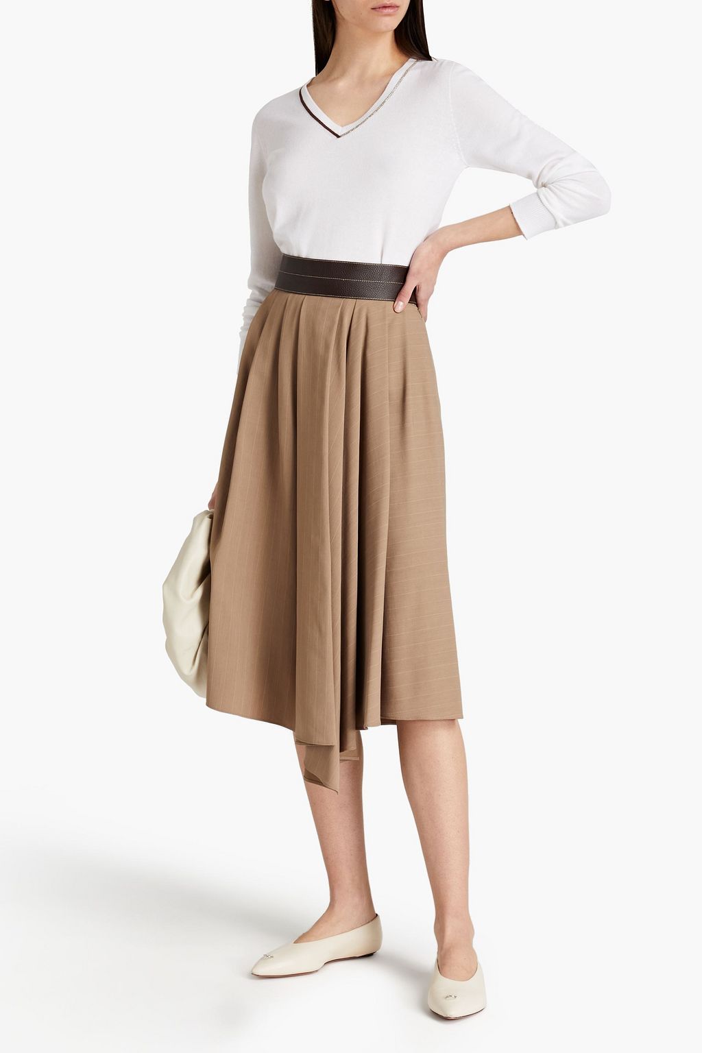 BRUNELLO CUCINELLI Asymmetric leather-trimmed striped twill midi skirt