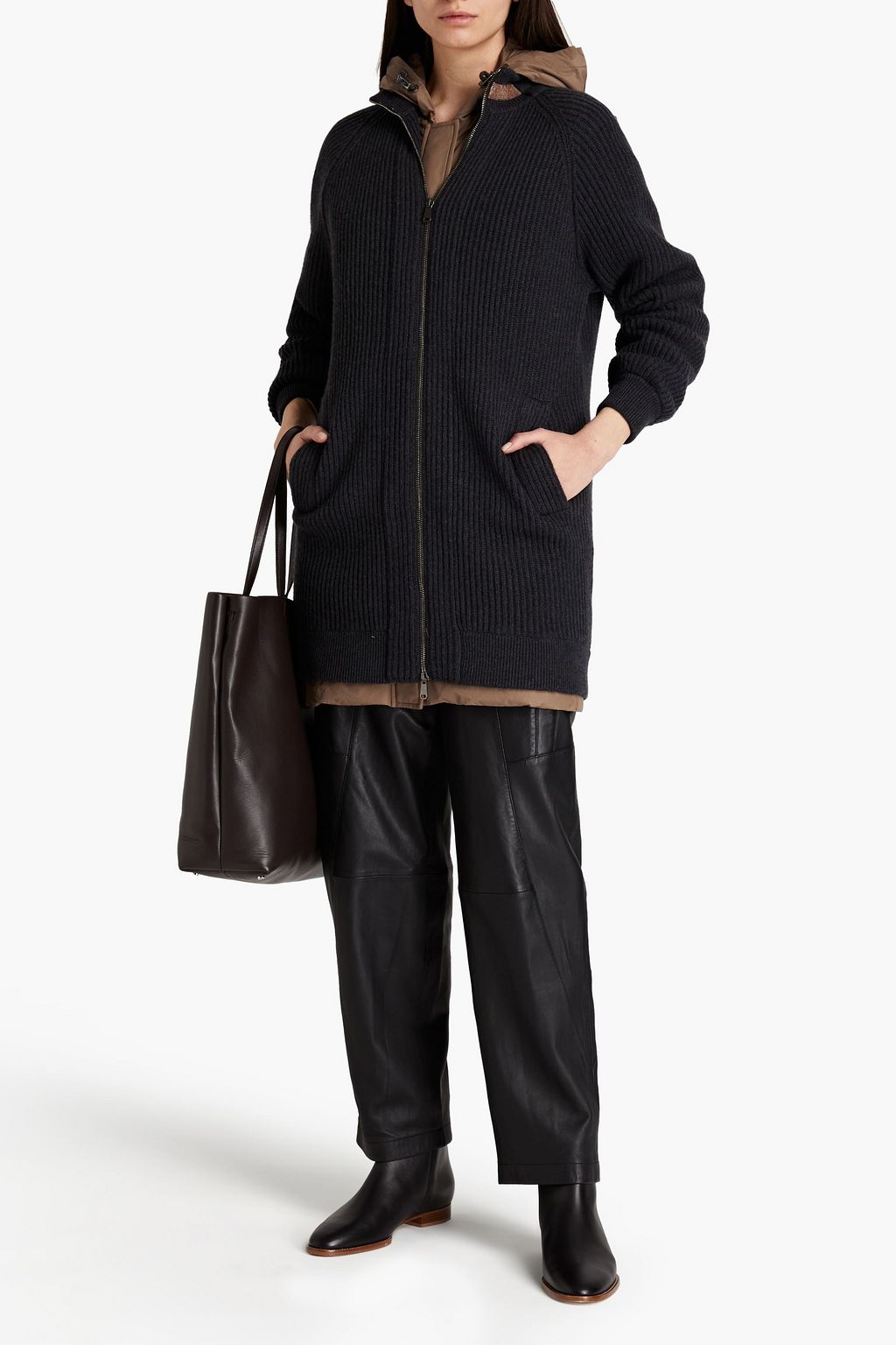 BRUNELLO CUCINELLI Embellished ribbed cashmere hooded coat