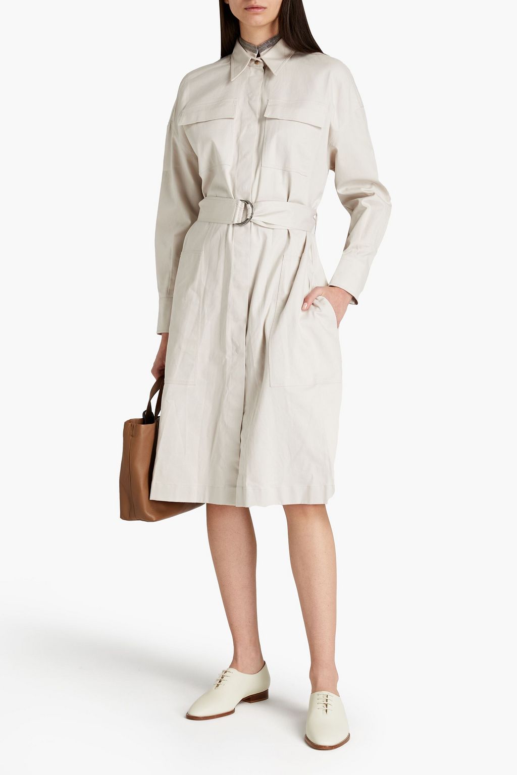 BRUNELLO CUCINELLI Belted embellished cotton-blend twill midi shirt dress