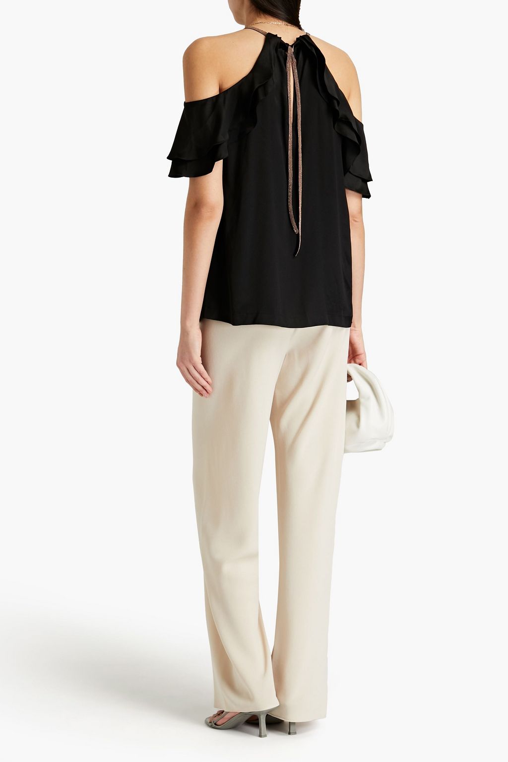 BRUNELLO CUCINELLI Cold-shoulder embellished silk-blend satin top