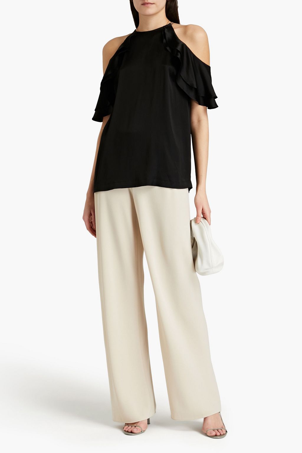 BRUNELLO CUCINELLI Cold-shoulder embellished silk-blend satin top