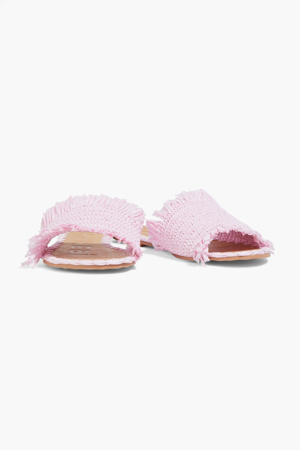 Manebi One Belt Fringed Raffia Mules In Baby Pink