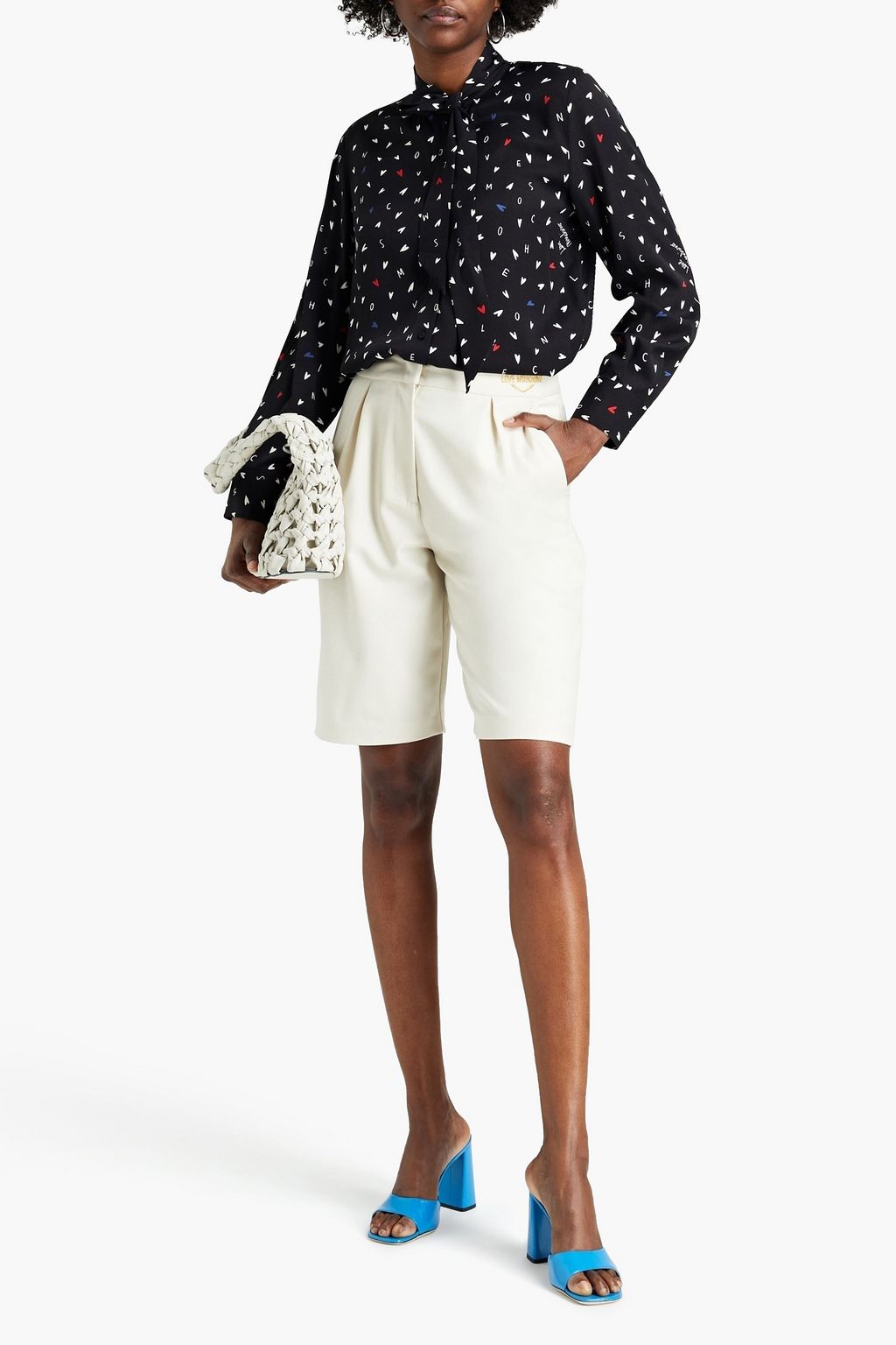 LOVE MOSCHINO Pussy-bow printed twill blouse