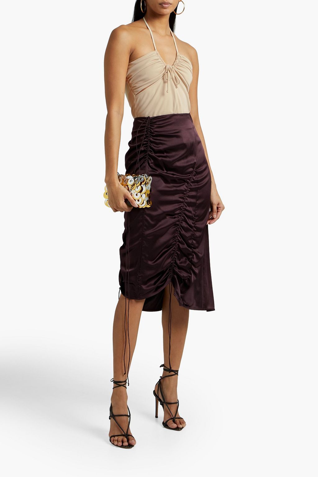 NICHOLAS Cutout ruched crepe halterneck top