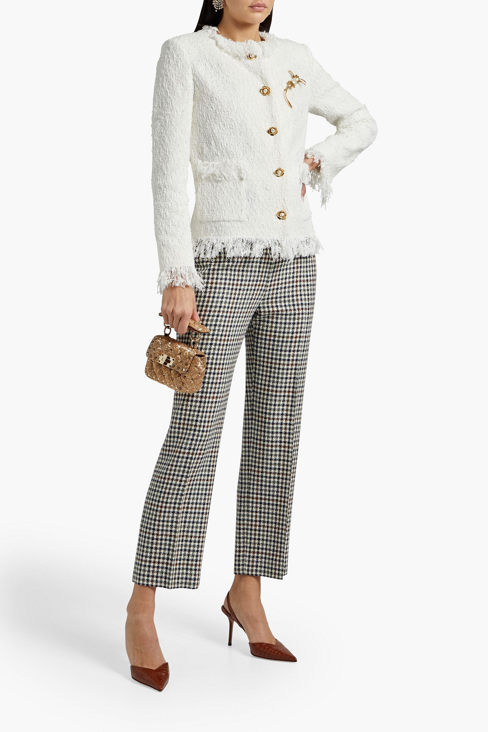 Oscar De La Renta Faille-paneled Houndstooth Wool-tweed Tapered Pants In Ecru