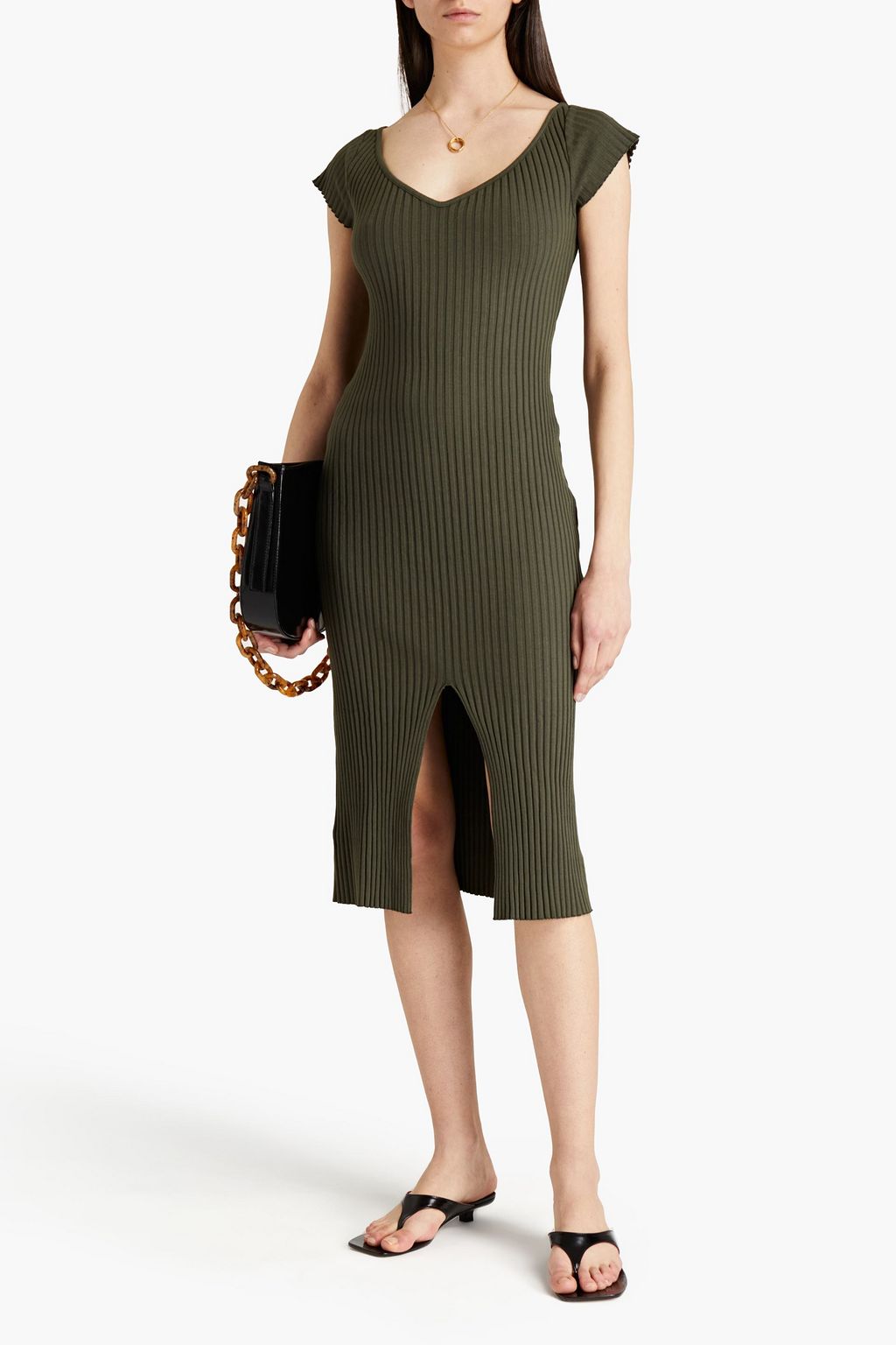 ENZA COSTA Split-front ribbed cotton-blend midi dress