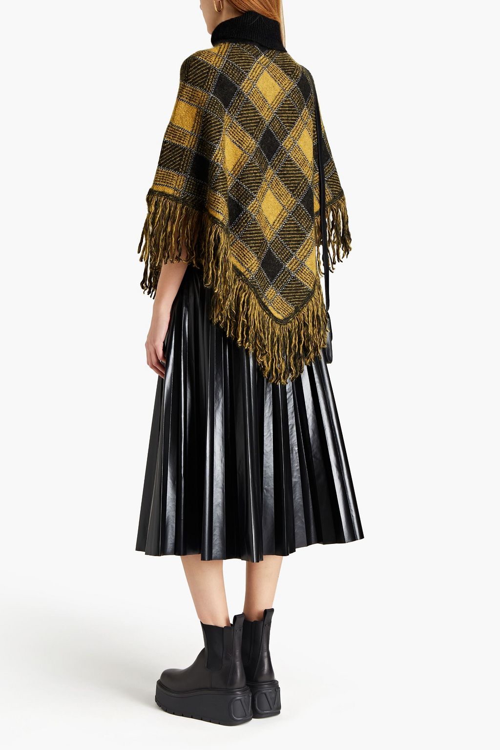 REDVALENTINO Fringed checked knitted poncho