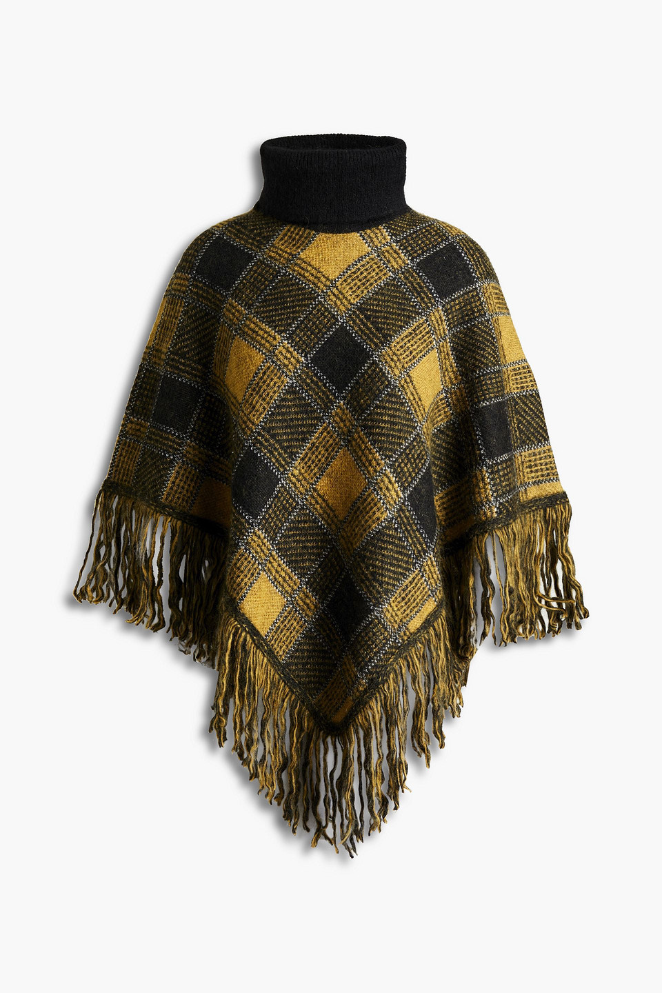 Redvalentino Woman Fringed Checked Knitted Poncho Mustard Size S