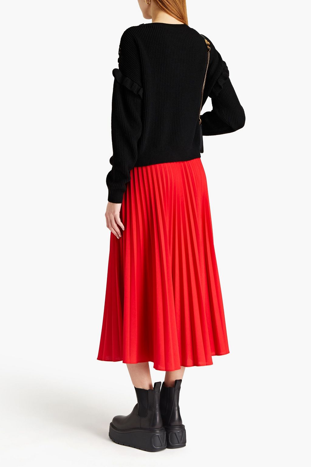 REDVALENTINO Macramé lace-paneled ruffled knitted sweater