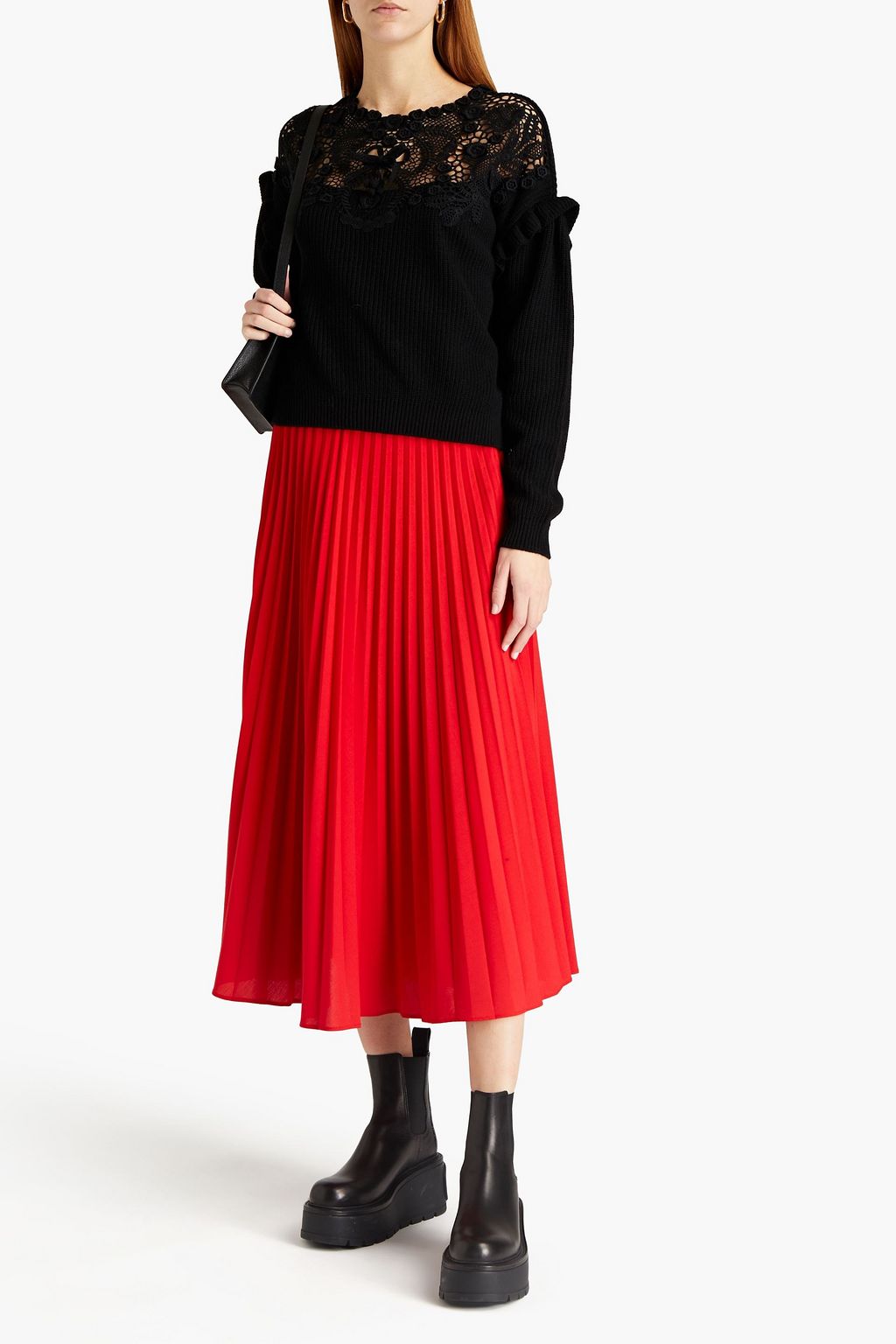 REDVALENTINO Macramé lace-paneled ruffled knitted sweater