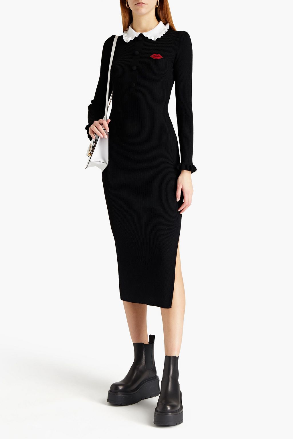 REDVALENTINO Ruffled ribbed wool midi dress